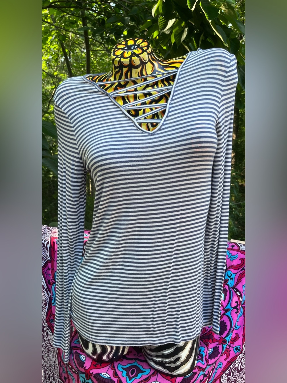 Glitz Black & White Striped Long-Sleeve Top with Lattice V-Neck